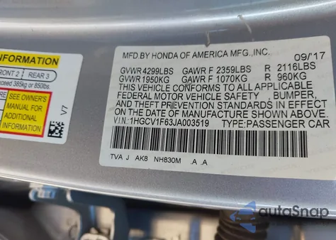 2018 Honda Accord Ex-L from USA, damaged, VIN 1HGCV1F63JA003519